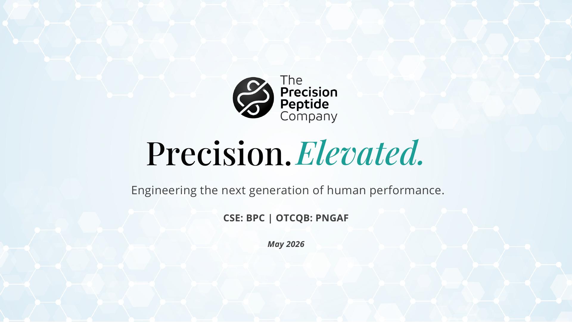 Cover of The Precision Peptide Company investor deck, May 2026